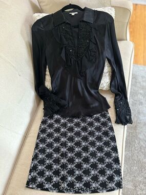 Cache Black and White Patterned Midi Skirt & Black Sequins Ruffled Blouse
